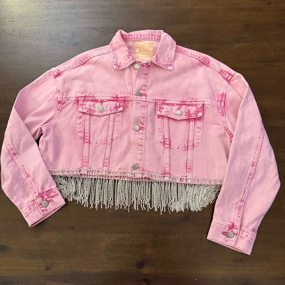 Altar'd‎ State Pink Womens Jean Jacket with Fringe
